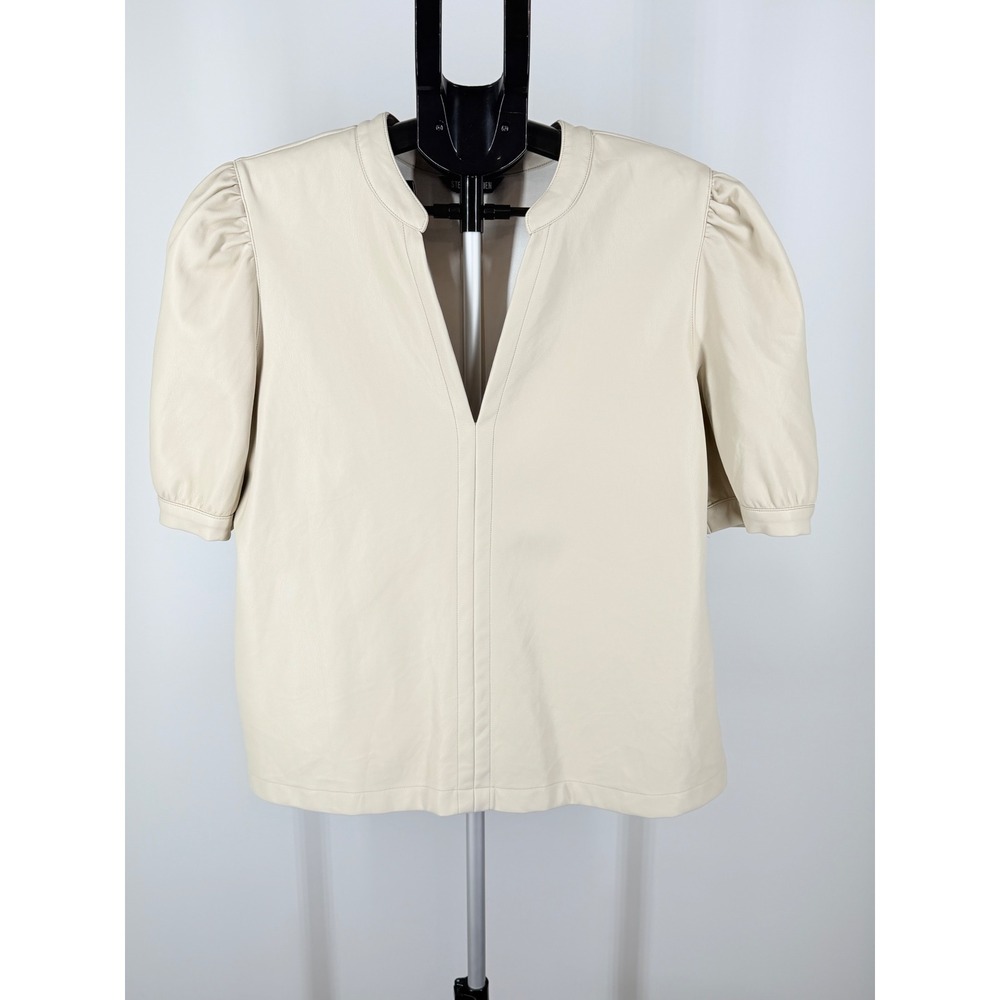 Steve Madden Cream Faux Leather Puff Sleeve V-Neck Top Womens L